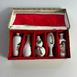 Set of 5 Small Asian Oriental Chinese China Vintage Hand Painted Ceramic Vases